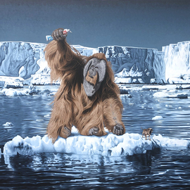 Stephen Hall: 'tcgbitt', 2020 Acrylic Painting, Animals. Artist Description: This painting depicts an Orangutan and a Chihuahua on a melting ice flo.The Orangutan is holding up a toothpaste tube, not only as a piece of plastic garbage left by humanity, but also as a metaphor for the irreparable damage we are inflicting on our world. Thus ...