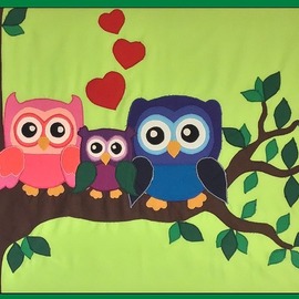 Stich-stich Gmbh: 'owl family', 2019 Other Painting, Animals. Artist Description: Fabric image made of high- quality cotton fabric.  The picture can be used as decoration for house, practice, office, cafe etc. ,as a unique gift. ...