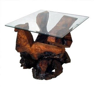 Daryl Stokes: 'Sculptured Redwood Glass Top End Table', 2009 Wood Sculpture, Abstract.  Dynamic redwood burl glass top end table with a sculptured base that combines bold architectural forms with organic beauty. The dramatic polished geometric components interact gracefully with their rustic gnarly burl counterparts to produce a visually intriguing structure which supports a 30 inch square clear plate glass top. Viewing the...