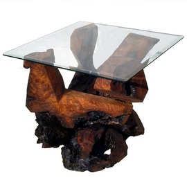 Daryl Stokes: 'Sculptured Redwood Glass Top End Table', 2009 Wood Sculpture, Abstract. Artist Description:  Dynamic redwood burl glass top end table with a sculptured base that combines bold architectural forms with organic beauty. The dramatic polished geometric components interact gracefully with their rustic gnarly burl counterparts to produce a visually intriguing structure which supports a 30 inch square clear plate glass top. ...