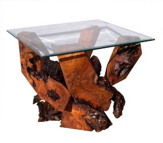 Daryl Stokes: 'Sculptured Redwood Glass Top End Table DS 16710', 2009 Wood Sculpture, Abstract.  Striking Redwood burl glass top end table with a dramatic base design that combines bold sculptural forms with organic beauty. The polished geometric wood components interact gracefully with their rustic gnarly burl counterparts to produce a visually intriguing structure with sharp contrasts. The burl end table supports a minimum 30...