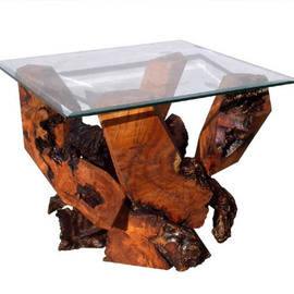 Sculptured Redwood Glass Top End Table Ds 16710, Daryl Stokes