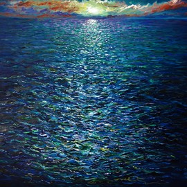 Gil Garcia: 'deep ocean sunset', 2019 Oil Painting, Seascape. Artist Description: An impressionistic look at a Deep Ocean Sunset in blues, whites, and greens. ...