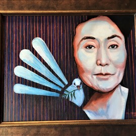 Gil Garcia: 'yoko ono and the peace dove', 2019 Oil Painting, Other. Artist Description: A contemporary portrait of the late John Lennon s wife Yoko Ono and a symbolized dove of peace...