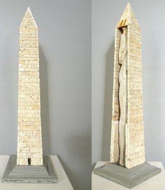 Jon-joseph Russo: 'monument', 2019 Stone Sculpture, Architecture. Depicts the turbulent times of our current administration.  The Washington Monument is Travertine, the base is Limestone...