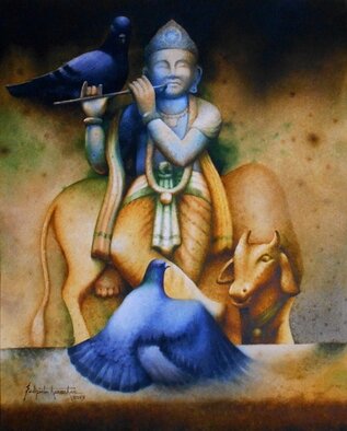 Sudipta Karmakar: 'lord krishna', 2023 Watercolor, Religious. this painting is transparent watercolor painting on 300gsm acid free paper without using any white color.this painting shows relief Lord Krishna statue on a wall and live pigeon birds are there where one is sitting on the flute of Lord Krishna and the another one is flew towards to ...