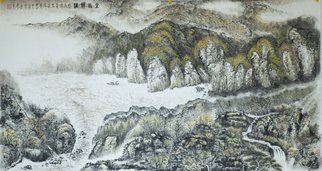 Xiaodong Sun: 'Autumn Charm ', 2016 Ink Painting, Landscape. In autumn, the river likes a fluttering dress, and the yellow flowers on the all over the mountains seem to put on armor for the mountains.cSS <aedeg'ePSze^zcZ%0eoe