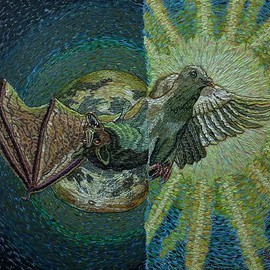 Stephen Vattimo: 'Terror And Peace', 2016 Acrylic Painting, Surrealism. Artist Description:  Medium   Acrylic On CanvasSize  26 x 34Style Symbolism, Surreal, impressionistic .Subject Dove, Sun, - Bat, MoonDate of Work  Nov 2015 - Sept 19,2016This painting started out as a pumpkin design for the Chads Ford Pa. Historical Societys Great pumpkin Carve.      Which I have been participating ...