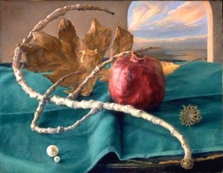 Sofia Wyshkind: 'Attributes of Nature', 1994 Oil Painting, Conceptual.  Pomegranate, dry branch, dry oak leaf and pearl on green close. Arched window on back ground with the view of the sea. ...