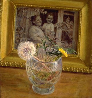 Sofia Wyshkind: 'Remenisence', 1978 Oil Painting, Conceptual.  The glass with dandelion and picture of woman with baby in the frame ...
