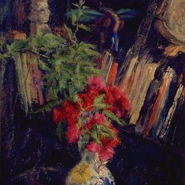 Sofia Wyshkind: 'Roses for Ura', 1996 Oil Painting, Botanical. Artist Description:   Roses and book shelf ...