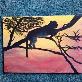 Sybil Fulk: 'leopard at sunset', 2021 Acrylic Painting, Animals. Artist Description: This is a 5x7 painting of a leopard at sunset. It is painted on a canvas board. ...