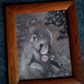 Sybil Fulk: 'mother primate and baby', 2021 Acrylic Painting, Animals. Artist Description: This is a painting of a mother and baby primate family. It is in black and white and measures 8x10. ...