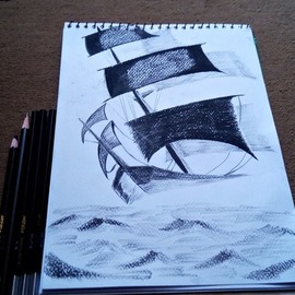 Sailing Ship Charcoal Sketch, Syed Waqas  Saghir