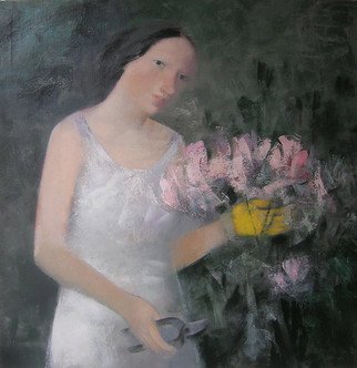 Stanislav Zvolsky: 'in a garden', 2008 Oil Painting, Figurative. oil, painting, In a garden, a yellow glove, a garden, flowers, the gardener, green, portrait,  ...
