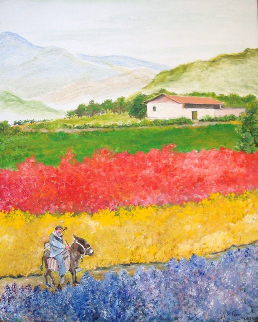 Heng Tan  'Flowerfield With Musician On A Donkey', created in 2013, Original Watercolor.