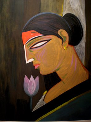 Tapan Kar: 'SHE I', 2008 Tempera Painting, Figurative.  Woman with divine power. The reddish tone on her forehead indicates this power. ...