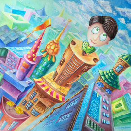 Viktoria Zhornik: 'On top of the world', 2015 Oil Painting, Cityscape. Artist Description:  city, sky, house, person, man, skyscraper, landscape, roof, man, height ...