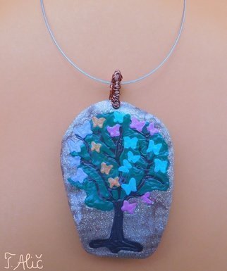 Tatjana Alic: 'handmade necklace', 2019 Jewelry, Nature. Necklace:- brown pendant with colorful design  tree with butterflies - choker, silver - colored...