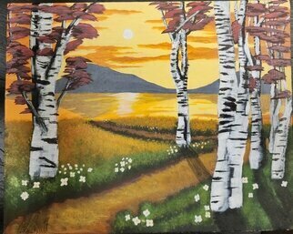 Sean Mahoney: 'birch trees at sunset', 2022 Acrylic Painting, Landscape. This imaginary, idealic scene uses warm colors to create an inviting atmosphere that calls out to the viewer to abandone their current situation and step into the warmth of a perfect sunset. ...