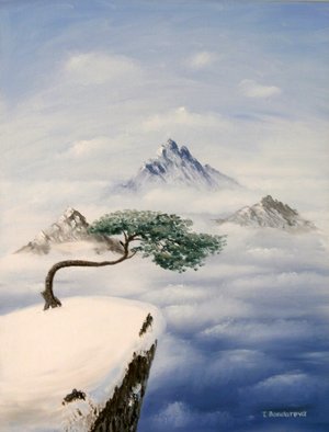 Tatyana Bondareva: 'Height ', 2013 Oil Painting, Mountains.           mountains, clouds, height, oil painting,  nature,  Tatyana Bondareva, original painting, oil paintings, art, blue, tree, brown, white, light blue                   ...