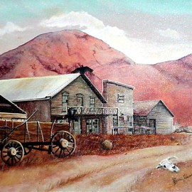 Terri Flowers: 'Ghost town with Buzzards', 1985 Acrylic Painting, Americana. Artist Description:  Old western ghost town with buzzards, skull, old saloon, and mountains in the background. ...