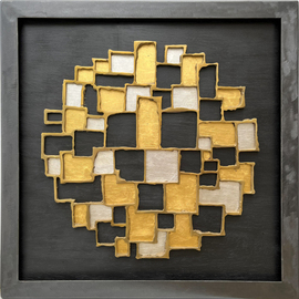 Ted Schaal: 'metropolis', 2023 Mixed Media Sculpture, Abstract. Artist Description: This is a wall piece that is bronze, gold, silver, wood and steel. The raised bronze rectangles grew organically from the center out as I welded the shapes in a freeform progression. The gold a silver are applied leaf metal on to the black stained wood. The frame ...
