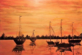 Teri Paquette: 'anchored for the night', 2021 Oil Painting, Seascape. ORIGINAL OIL PAINTING  INSPIRED BY FLEET OF ANCHORED BOATS SEEN WHILE ON VACATION. THE SUN WAS SETTING AND REFLECTED ON WATER. SCENE WS GOLDEN AND BREATHTAKING. ...