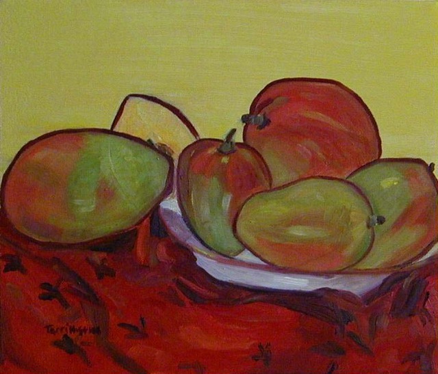 Artist Terri Higgins. 'Mangoes And Red Cloth' Artwork Image, Created in 2002, Original Watercolor. #art #artist