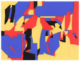 Theo Radic: 'Quartet', 1999 Linoleum Cut, Abstract.  Red, yellow, blue and black interact as a quartet. Hand- printed. ...