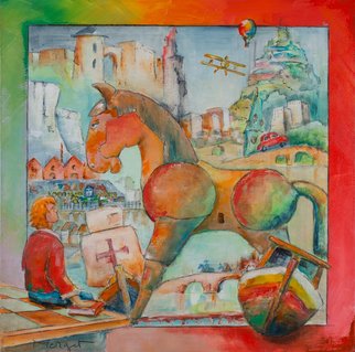 Thierry Merget: 'Le cheval de Troie 3', 2015 Acrylic Painting, Surrealism.                 bridge, forest, books, balloon, horse, babel, window, factory, child, girl, boat, history, red horse, castle, babel, bridge, stair, ,                         horse, child, boat, checkerboard, castle, plane, bridge, babel,  autumn, spring, saison, sumer, winter, boat, observatory, baloon,           factory, stair, window, box, workshop,                           ...