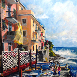Michael Tieman: 'Tide Watch, Riomaggiore Italy', 2012 Acrylic Painting, Landscape. Artist Description:   Landscape painting of the Cinque Terre area of Italy, the charming town of Riomaggiore.  ...