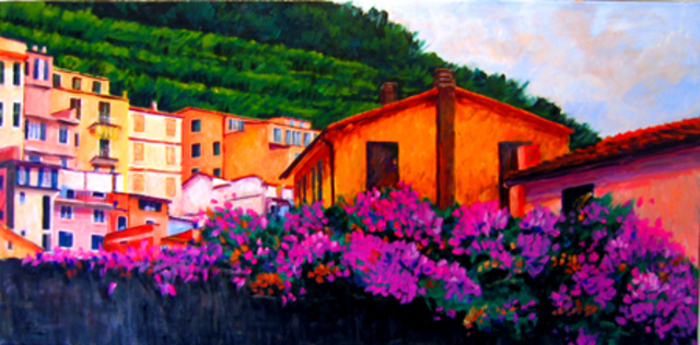 Artist Michael Tieman. 'Vineyards And Blossoms,  Manarola, Italy' Artwork Image, Created in 2012, Original Painting Acrylic. #art #artist