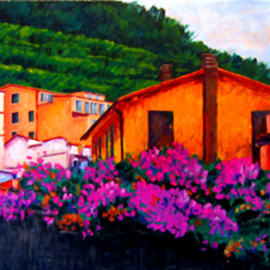 Michael Tieman: 'Vineyards and Blossoms,  Manarola, Italy', 2012 Acrylic Painting, Landscape. Artist Description:  Landscape painting of the Cinque Terre area of Italy. This is the entrance into the town of Manarola, with the intense flowers in the foreground, colorful buildings and in the background, the stepped vineyards.  ...
