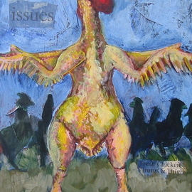 E. Tilly Strauss: 'Issues, naked chicken Large', 2009 Acrylic Painting, Birds. Artist Description:  This is a larger version of a smaller piece. Painted on a wood panel- framed in an ornate gold frame, Some collage text in the background surface. Inspiration came from a repeated dream. Ever feel like you were naked in a clothed world? ...