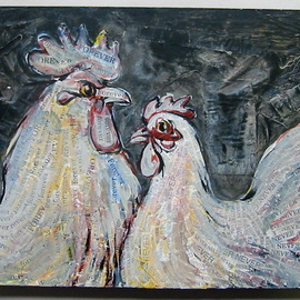 E. Tilly Strauss: 'Two Absolutes, Rooster and Hen', 2008 Acrylic Painting, Love. Artist Description:  This panel is painted on wood and inside each of the birds as feathers texture a surface, are words on paper, forever and never. ...