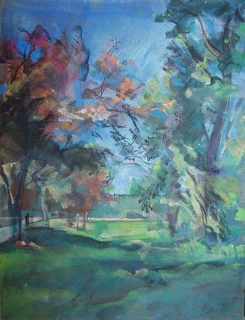 Timothy King  'Redbuds By Highway 20 Overpass Elgin', created in 2008, Original Pastel Oil.