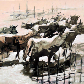Tirthankar Biswas: 'Homeward', 2008 Oil Painting, Figurative. Artist Description:  A group of cattle are returning home after the day ...