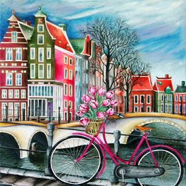 Miriam Besa: 'bike stop in amsterdam', 2014 Oil Painting, Travel. Artist Description: bike, Amsterdam, canal, storm, clouds, bare trees, tulips, magenta, colorful, houses, side walk, basket of tulips, blooming, dramatic, railings, cycling, bicycle, paths, ...
