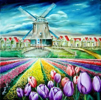 Miriam Besa: 'field of tulips', 2015 Oil Painting, Travel. Amsterdam, village, windmill, ponds, houses, tulip bulbs, tulips in full bloom, clouds, quaint town, water, red, purple, pink, yellow, orange, landscape, sunshine, pond, water...
