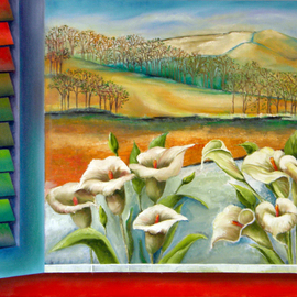 Miriam Besa: 'from my window', 2013 Oil Painting, Nature. Artist Description: A breathtaking view from my window - a beautiful landscape, and calla lilies. At a distance is a majestic scene of mountains, valleys and clusters of trees. This landscape evoke those quiet places where there are only natural sounds- the wind, bird song, little rustlings in the underbush. It ...