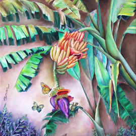 Miriam Besa: 'lakatan banana', 2019 Oil Painting, Nature. Artist Description: greens, banana, lakatan, butterflies, vegetation, purples, greens, yellow, heart, browns, tropical, ripe, fruit, blooms, playful, grace, serene, atmosphere, echoes, stillness, canvas, abundance. animation, ...