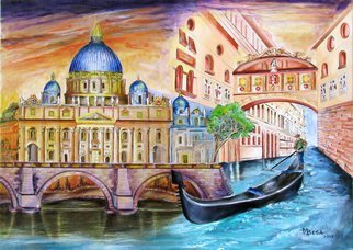 Miriam Besa: 'vatican and grand canal', 2019 Oil Painting, Travel. St. Peter s Basilica is an Italian Renaissance church in Vatican City, the papal enclave within the city of Rome. St. Peter s is the most renowned work of Renaissance architecture and the largest church in the world. I chose to depict its splendor and majesty at dusk because of ...