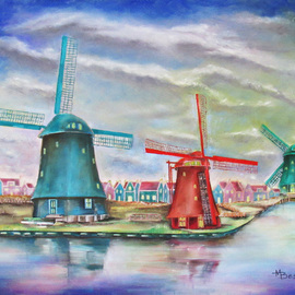 Miriam Besa: 'windnill village amsterdam', 2018 Oil Painting, Travel. Artist Description: A village in Amsterdam with 3 giant windmills.  On a sunny day, the reflections of the windmills are pronounced on the water, giving the scene a more interesting and calming effect.  On the background are the traditional looking houses against the beautiful and expressive treatment of the clouds....