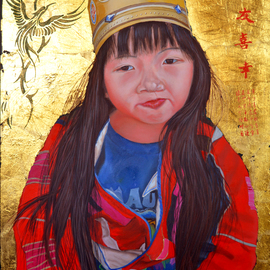 Thu Nguyen: 'the burger king crown', 2019 Oil Painting, Children. Artist Description: This is an original oil and gold leaf painting on panel, 16 x 20 inches, framed, ready to hangIt is part of my Sapa Series...