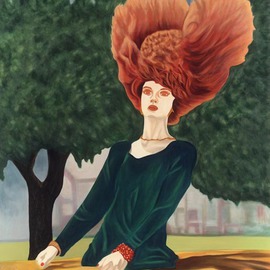 T. Smith: 'Big Red aka Evolution of Reality', 2001 Oil Painting, Figurative. Artist Description: I took a photograph of the 'Venus Hairse' during one of the Houston Art Car Parades.  The painting portrays Houston artist and hair salon owner, Susan Venus' well- known mannequin affixed to the top of the art car as she was passing by some trees.  I was struck ...