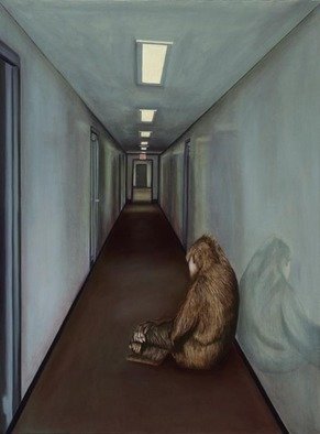 T. Smith: 'Gorilla Depression', 2004 Oil Painting, Psychology. This painting is related in color tone and compositional simplicity to 'Soul Mates'. The colors are muted and dull and there are only two major elementsthe gorilla and the interior hallway.  I did a complete acrylic under painting and then painted in thin oil glazes over the acrylic.  Images ...