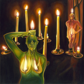 T. Smith: 'House of Wax', 2008 Oil Painting, Surrealism. Artist Description:  A female and male figure stand both with their heads, breasts and private parts on fire in a darkened room surrounded by other flames.    The title refers to the illusion that of relationships where passion can melt the exterior and reveal the true nature.  The woman is the ...