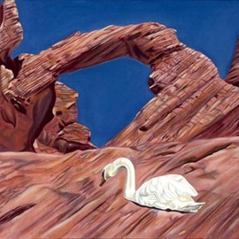 T. Smith: 'Swan Song', 2006 Oil Painting, Birds. Artist Description: The setting of this small landscape is the 'Valley of Fire' outside of Las Vegas, Nevada, a beautiful and austere environment of a natural rock bridge over a brilliant blue cloudless sky.  The only occupant in this fiery red landscape is a large white swan who sits in ...