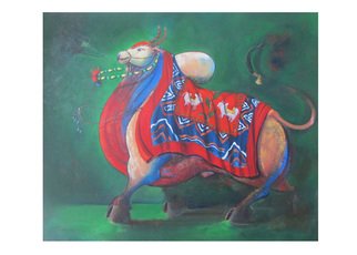 Tushar Jadhav: 'Rural Life', 2016 Acrylic Painting, Animals.   bull  ...